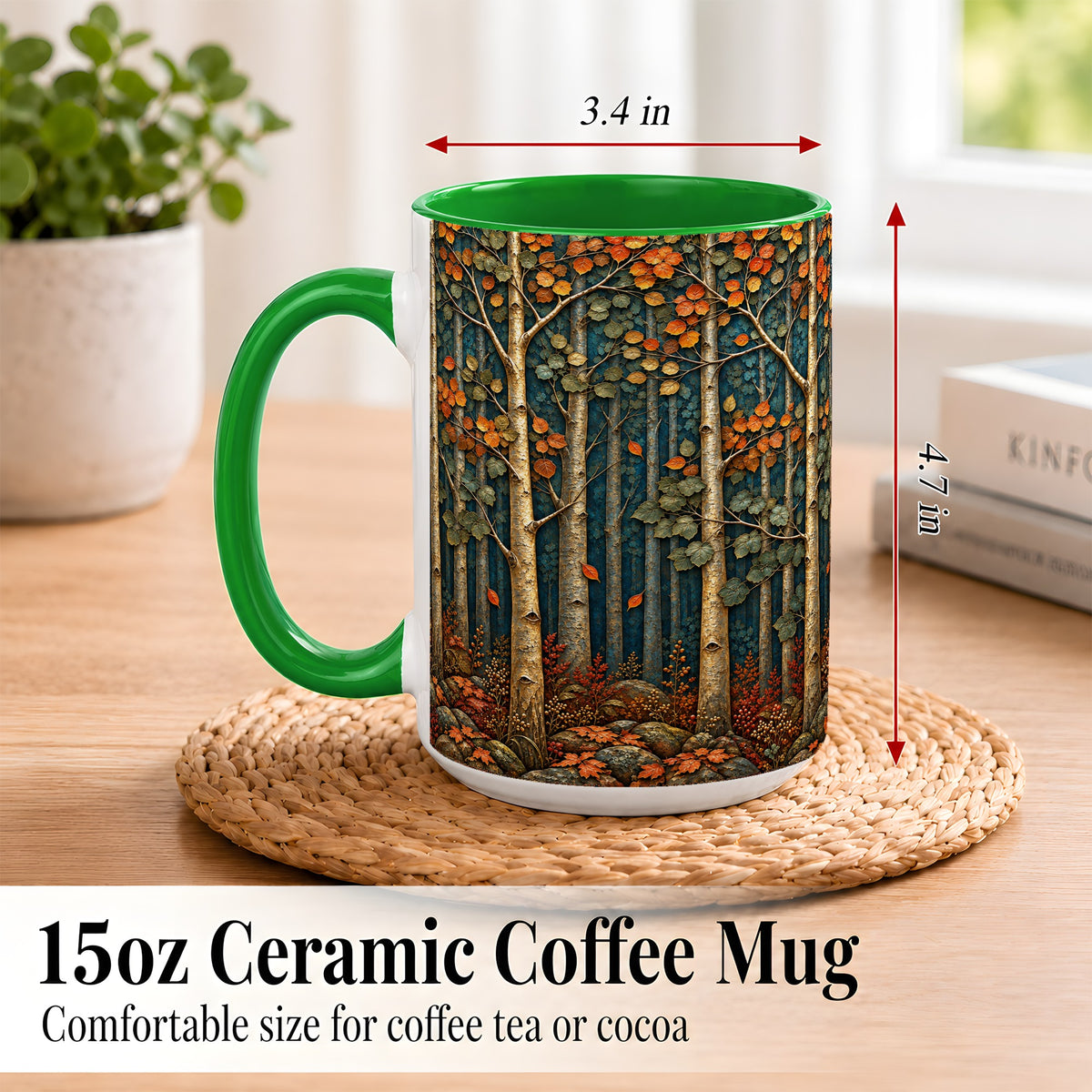 #pl[15oz|Green] Autumn Birch Forest Coffee Mug, Fall Woodland Mug, Ceramic Cup