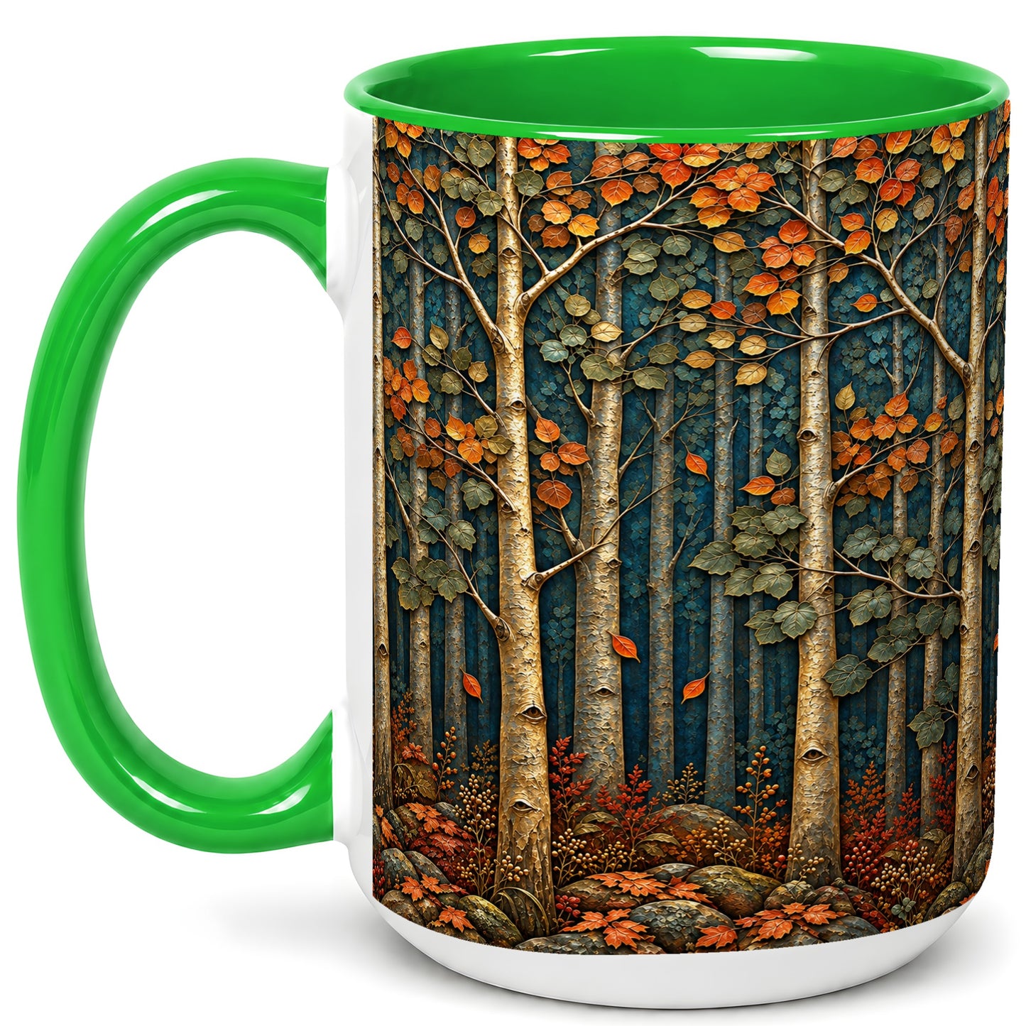 #pl[15oz|Green] Autumn Birch Forest Coffee Mug, Fall Woodland Mug, Ceramic Cup