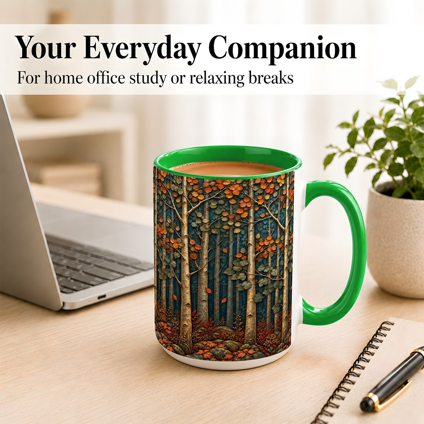 #pl[15oz|Green] Autumn Birch Forest Coffee Mug, Fall Woodland Mug, Ceramic Cup