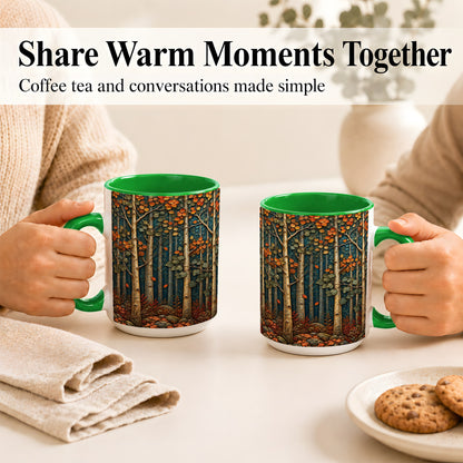 #pl[15oz|Green] Autumn Birch Forest Coffee Mug, Fall Woodland Mug, Ceramic Cup