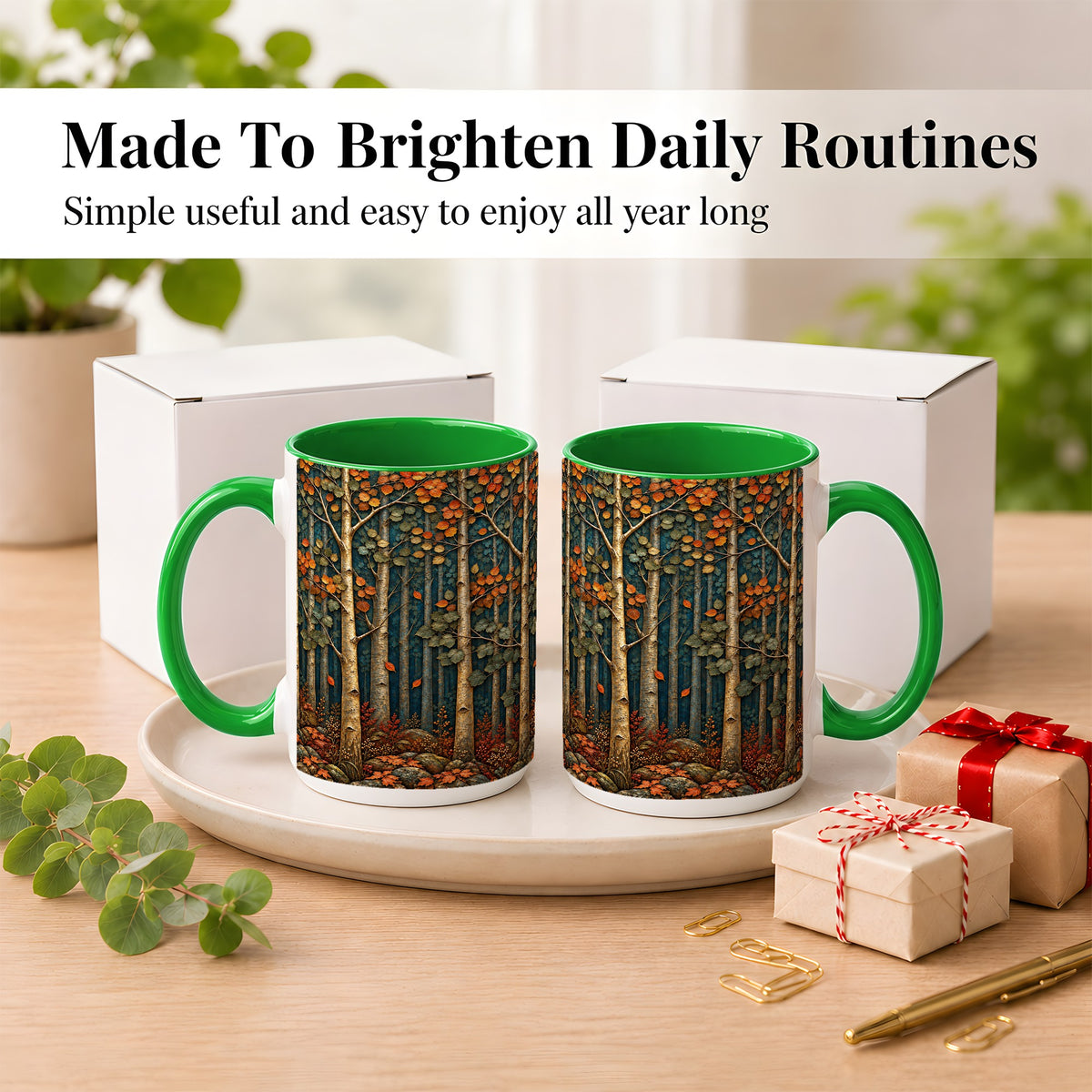 #pl[15oz|Green] Autumn Birch Forest Coffee Mug, Fall Woodland Mug, Ceramic Cup