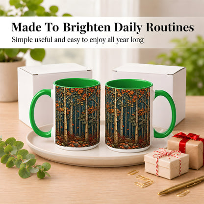#pl[15oz|Green] Autumn Birch Forest Coffee Mug, Fall Woodland Mug, Ceramic Cup
