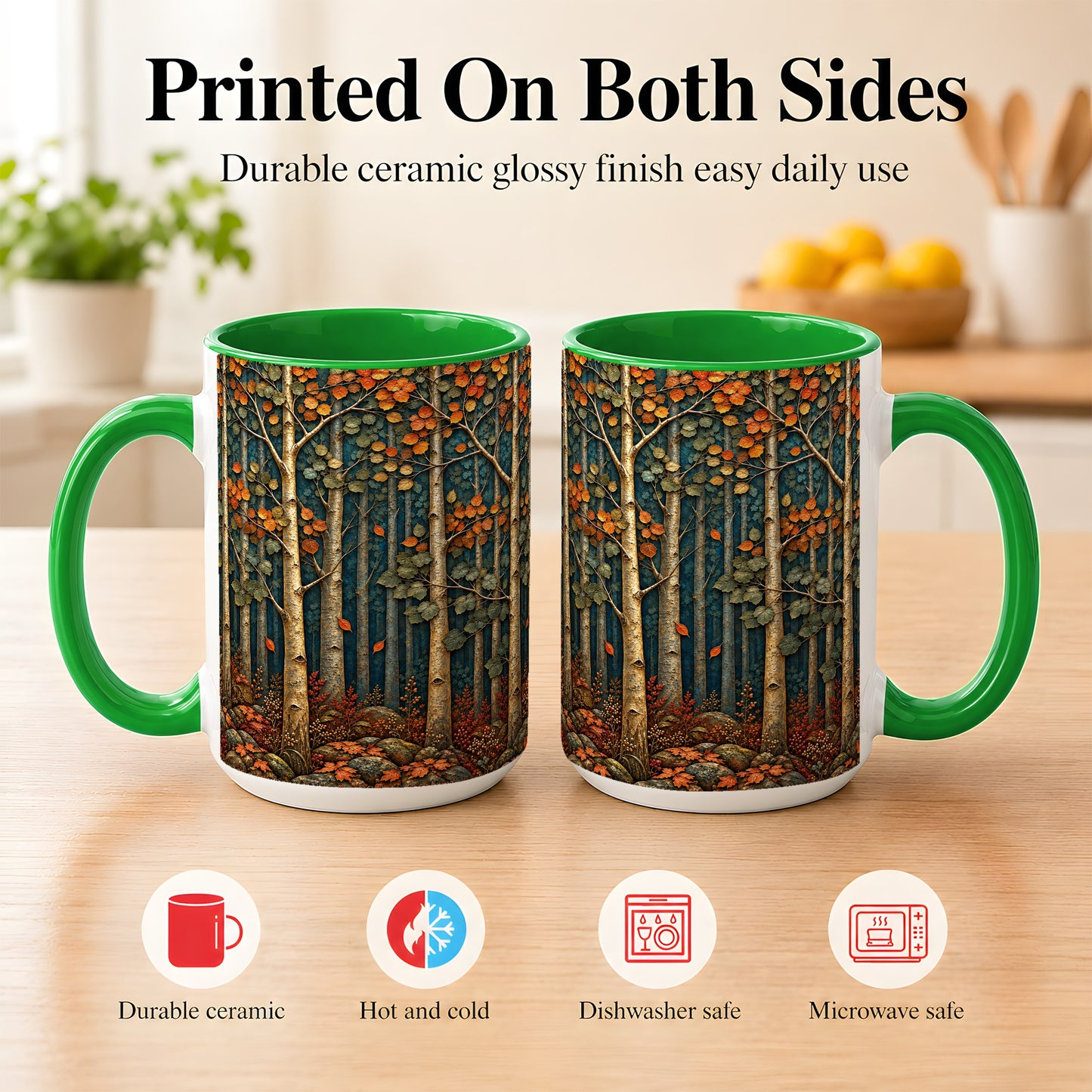 #pl[15oz|Green] Autumn Birch Forest Coffee Mug, Fall Woodland Mug, Ceramic Cup