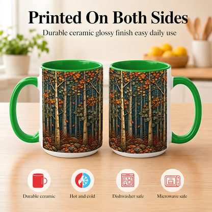 #pl[15oz|Green] Autumn Birch Forest Coffee Mug, Fall Woodland Mug, Ceramic Cup
