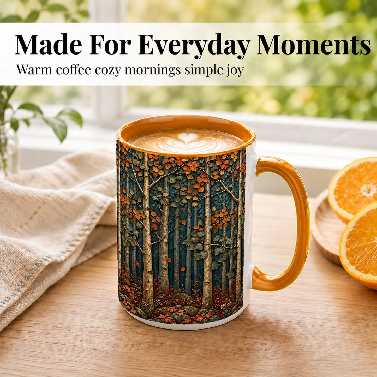 #pl[15oz|Orange] Autumn Birch Forest Coffee Mug, Fall Woodland Mug, Ceramic Cup