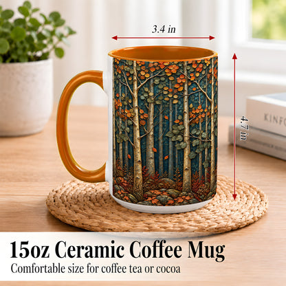 #pl[15oz|Orange] Autumn Birch Forest Coffee Mug, Fall Woodland Mug, Ceramic Cup