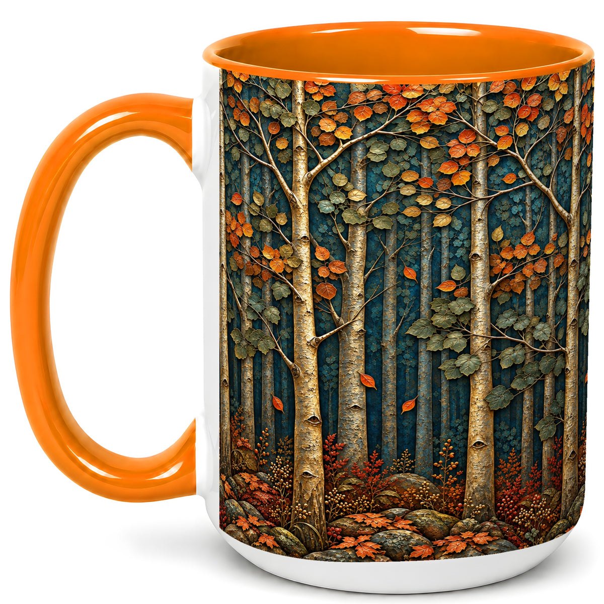 #pl[15oz|Orange] Autumn Birch Forest Coffee Mug, Fall Woodland Mug, Ceramic Cup