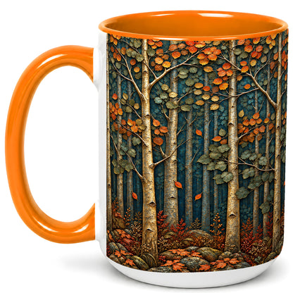 #pl[15oz|Orange] Autumn Birch Forest Coffee Mug, Fall Woodland Mug, Ceramic Cup