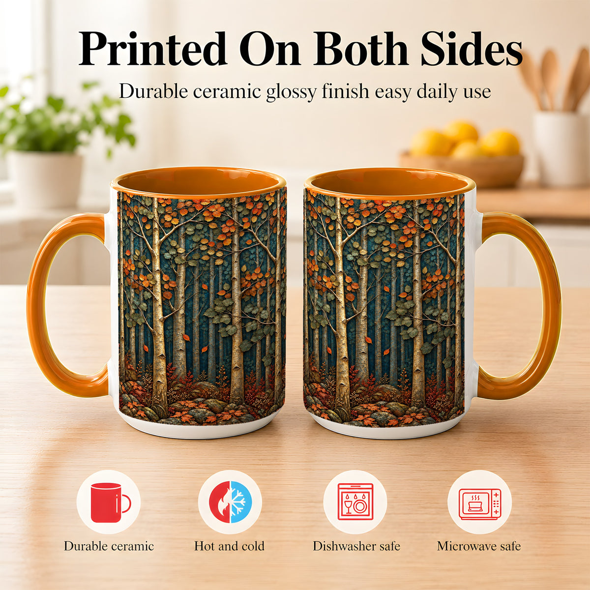 #pl[15oz|Orange] Autumn Birch Forest Coffee Mug, Fall Woodland Mug, Ceramic Cup