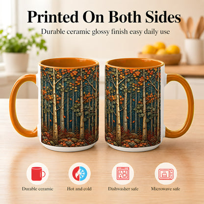 #pl[15oz|Orange] Autumn Birch Forest Coffee Mug, Fall Woodland Mug, Ceramic Cup