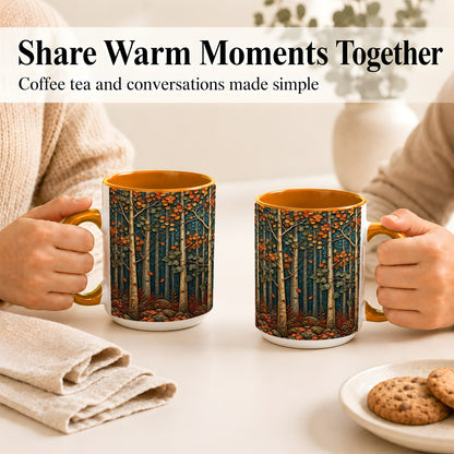 #pl[15oz|Orange] Autumn Birch Forest Coffee Mug, Fall Woodland Mug, Ceramic Cup