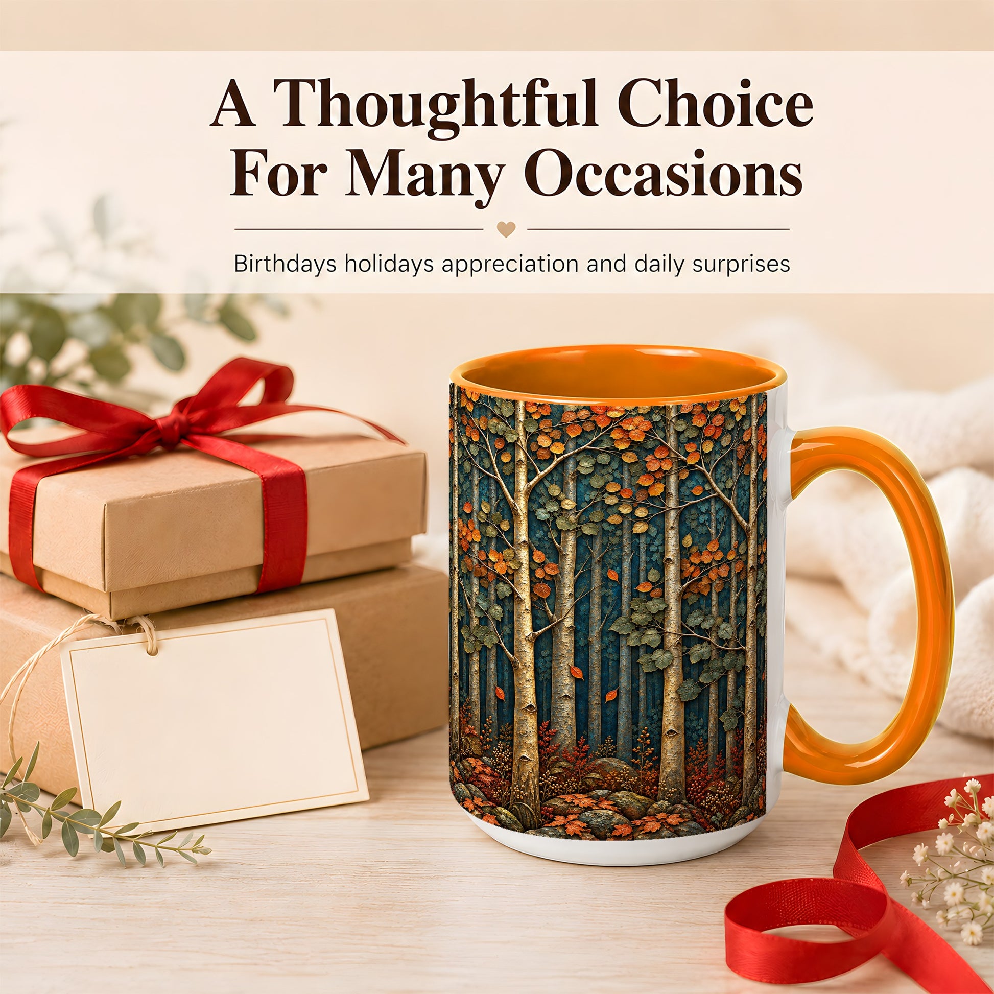 #pl[15oz|Orange] Autumn Birch Forest Coffee Mug, Fall Woodland Mug, Ceramic Cup