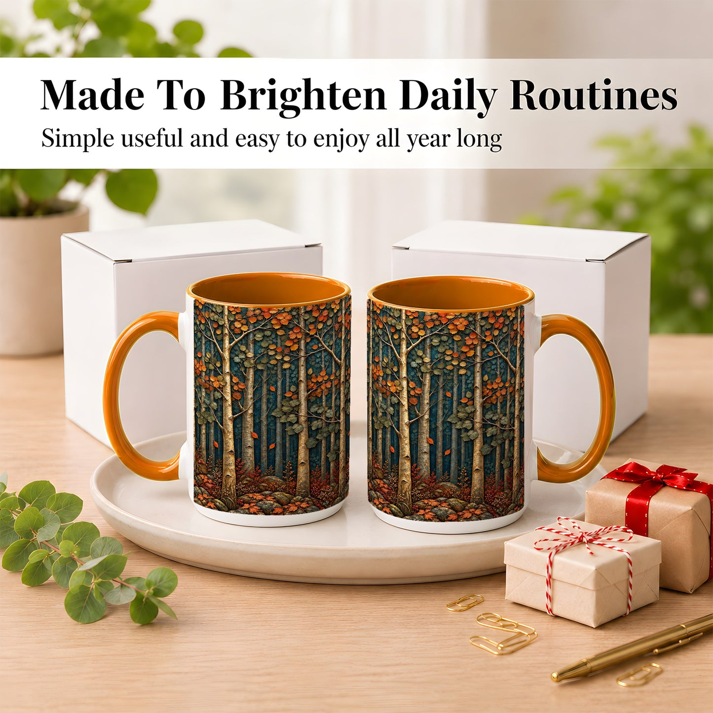 #pl[15oz|Orange] Autumn Birch Forest Coffee Mug, Fall Woodland Mug, Ceramic Cup