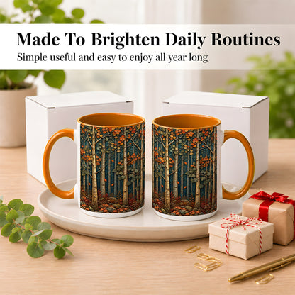 #pl[15oz|Orange] Autumn Birch Forest Coffee Mug, Fall Woodland Mug, Ceramic Cup