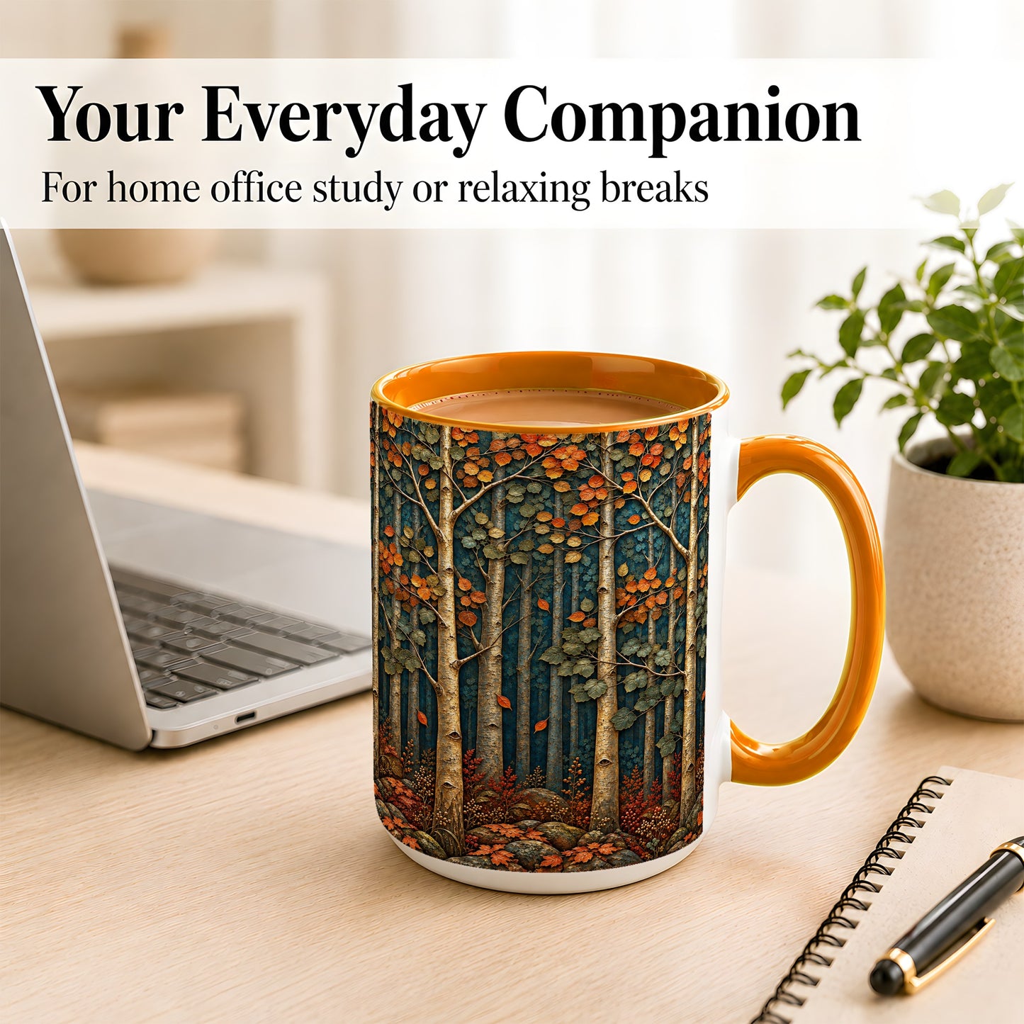#pl[15oz|Orange] Autumn Birch Forest Coffee Mug, Fall Woodland Mug, Ceramic Cup