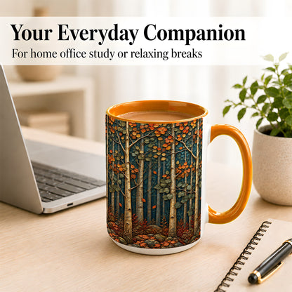 #pl[15oz|Orange] Autumn Birch Forest Coffee Mug, Fall Woodland Mug, Ceramic Cup