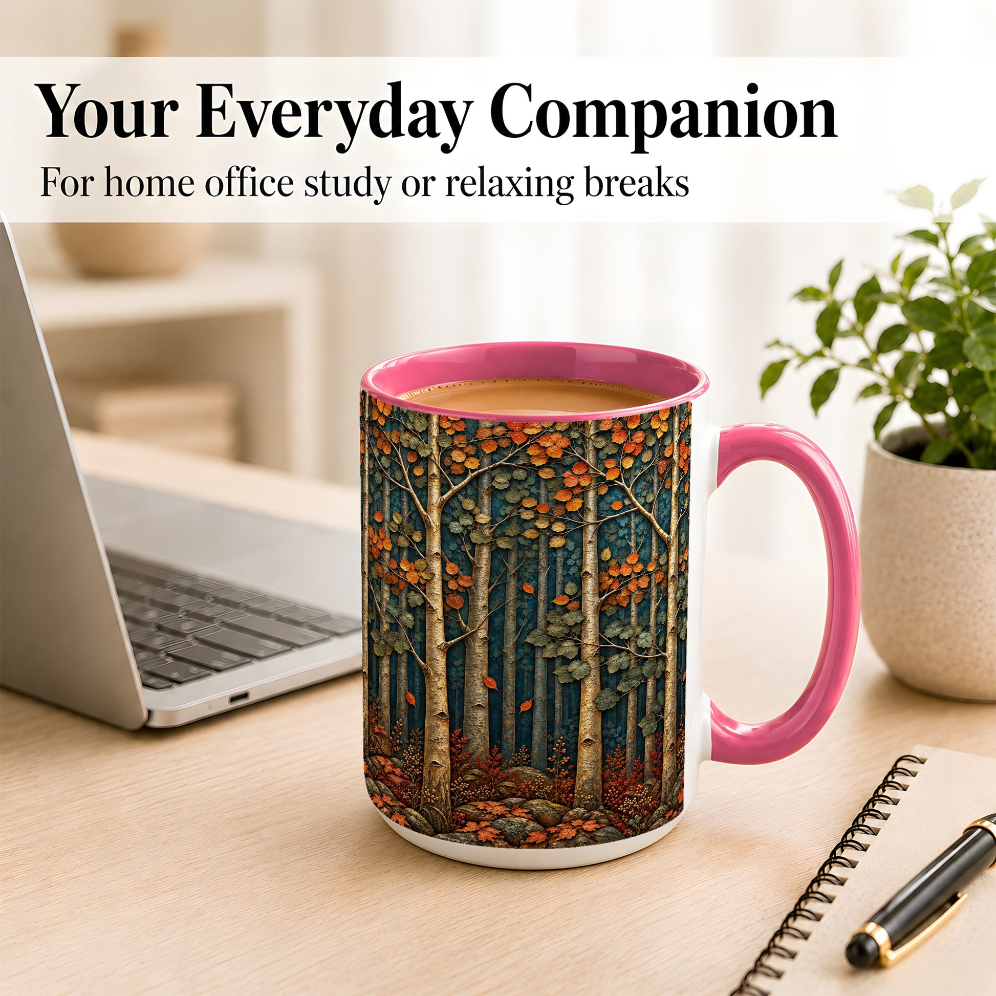 #pl[15oz|Pink] Autumn Birch Forest Coffee Mug, Fall Woodland Mug, Ceramic Cup