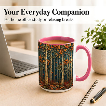 #pl[15oz|Pink] Autumn Birch Forest Coffee Mug, Fall Woodland Mug, Ceramic Cup