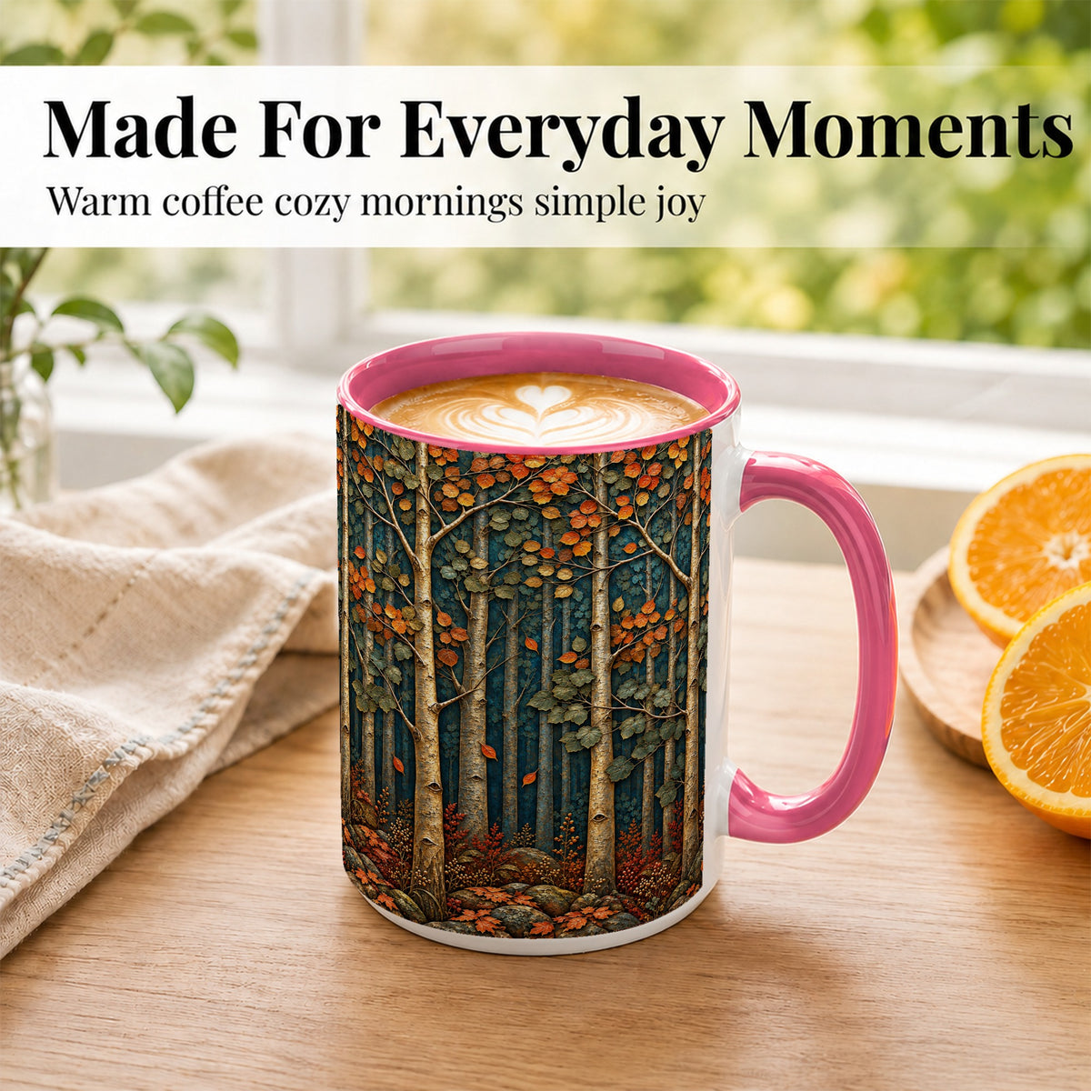 #pl[15oz|Pink] Autumn Birch Forest Coffee Mug, Fall Woodland Mug, Ceramic Cup