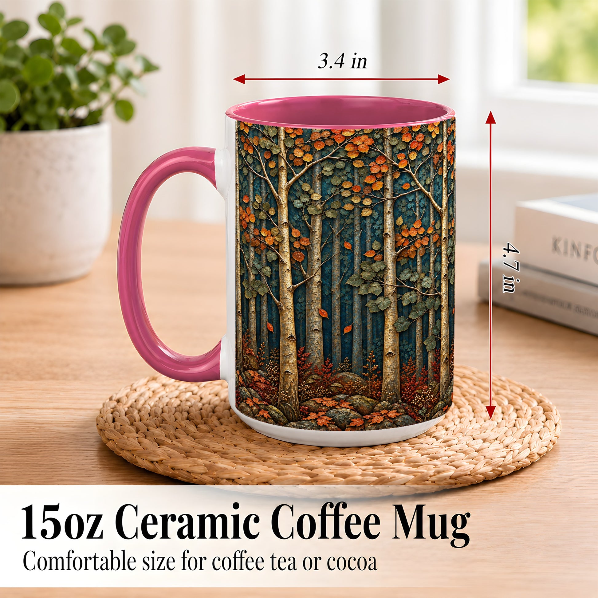 #pl[15oz|Pink] Autumn Birch Forest Coffee Mug, Fall Woodland Mug, Ceramic Cup