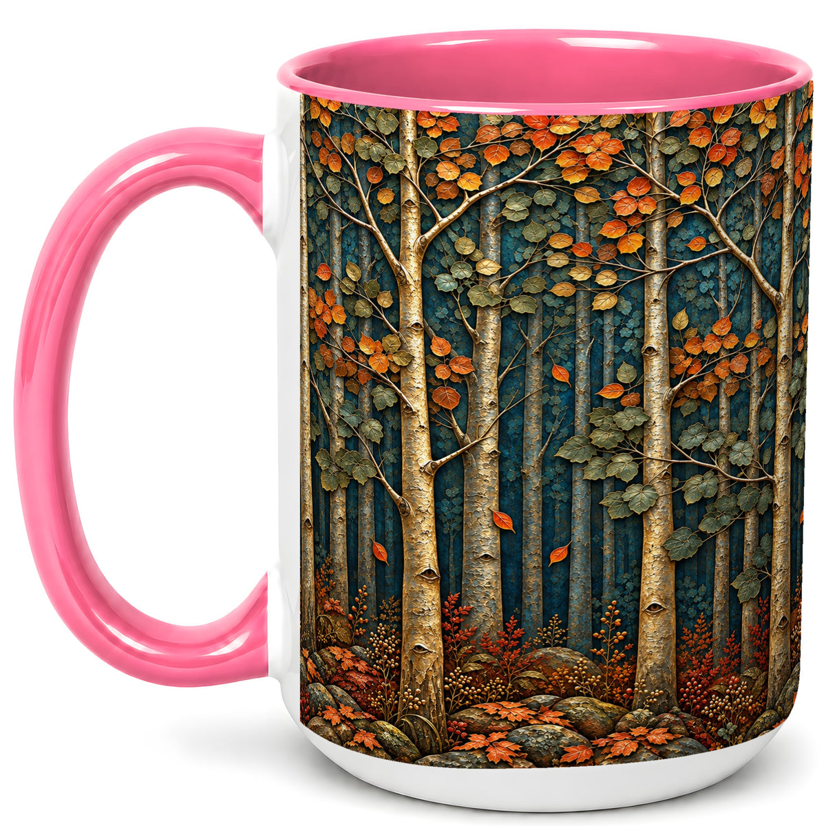 #pl[15oz|Pink] Autumn Birch Forest Coffee Mug, Fall Woodland Mug, Ceramic Cup