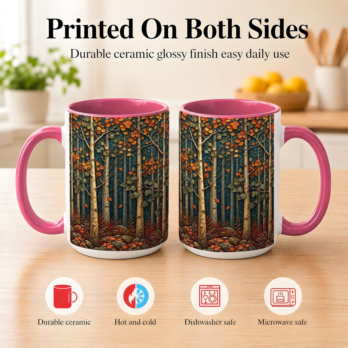 #pl[15oz|Pink] Autumn Birch Forest Coffee Mug, Fall Woodland Mug, Ceramic Cup