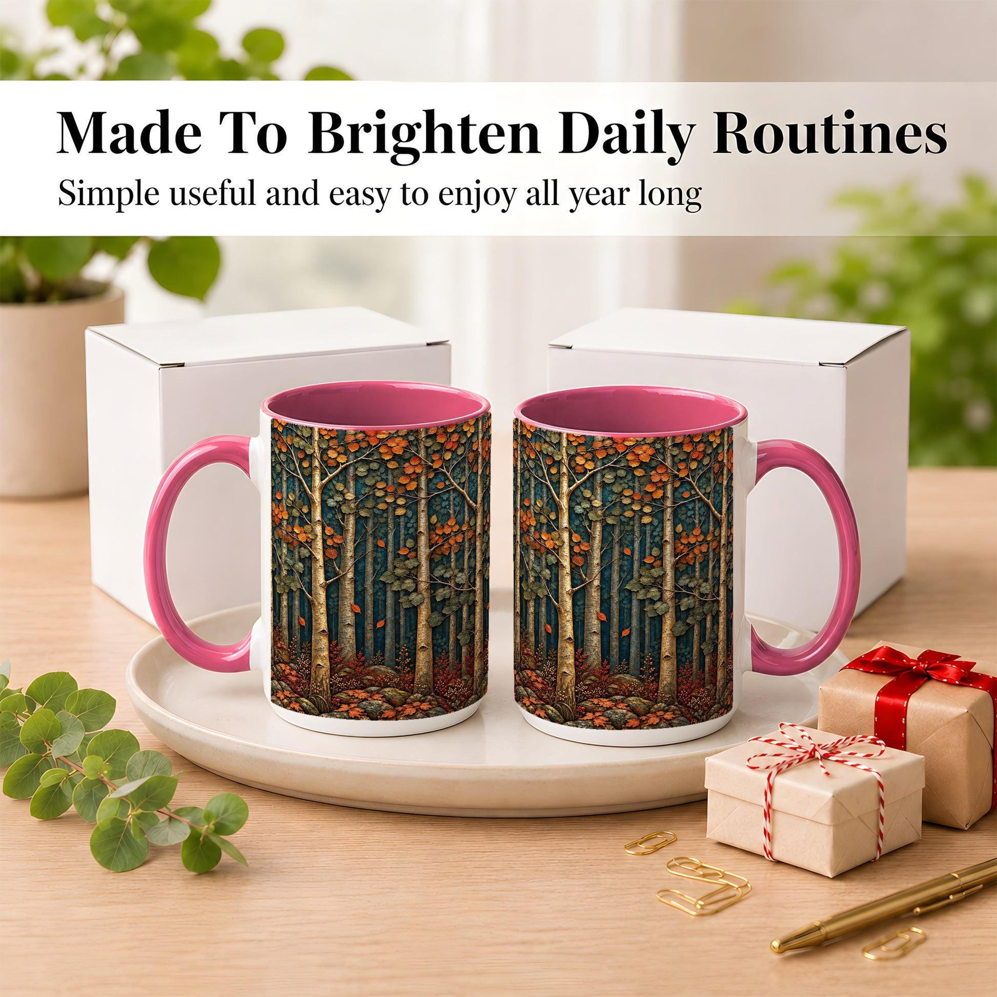 #pl[15oz|Pink] Autumn Birch Forest Coffee Mug, Fall Woodland Mug, Ceramic Cup