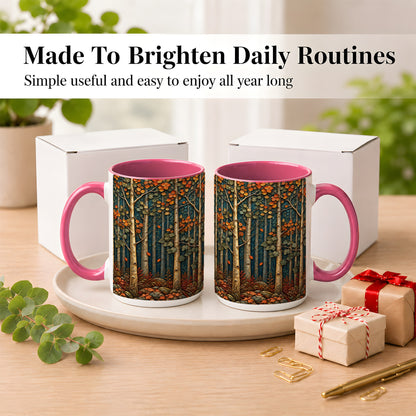 #pl[15oz|Pink] Autumn Birch Forest Coffee Mug, Fall Woodland Mug, Ceramic Cup