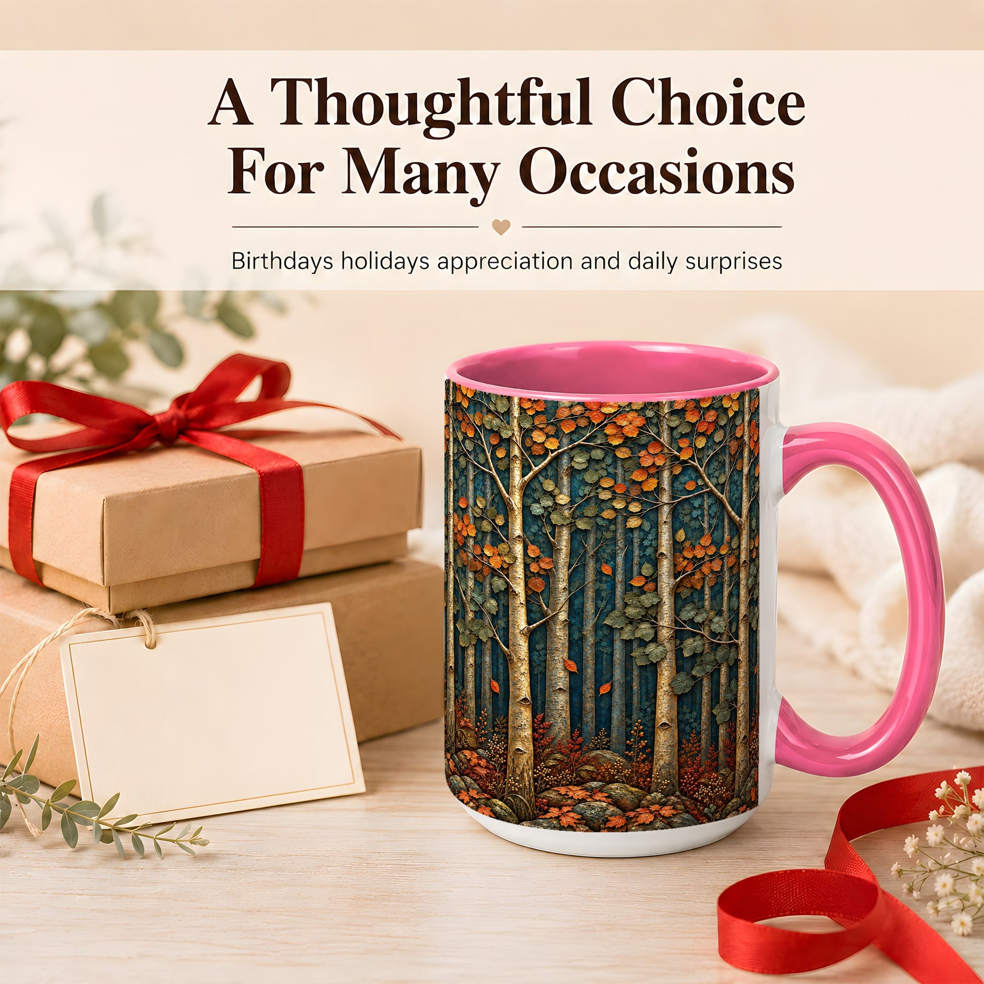 #pl[15oz|Pink] Autumn Birch Forest Coffee Mug, Fall Woodland Mug, Ceramic Cup