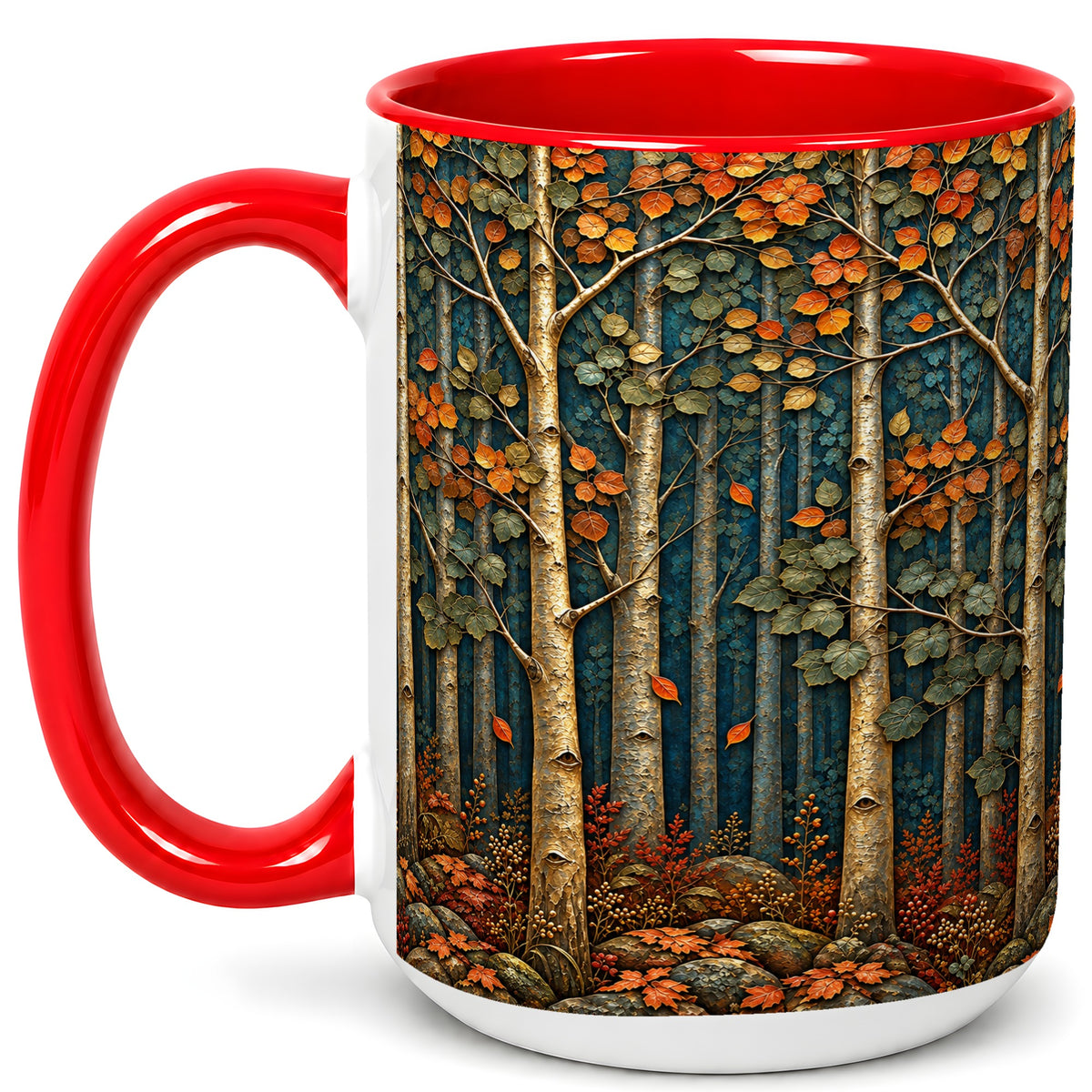 #pl[15oz|Red] Autumn Birch Forest Coffee Mug, Fall Woodland Mug, Ceramic Cup