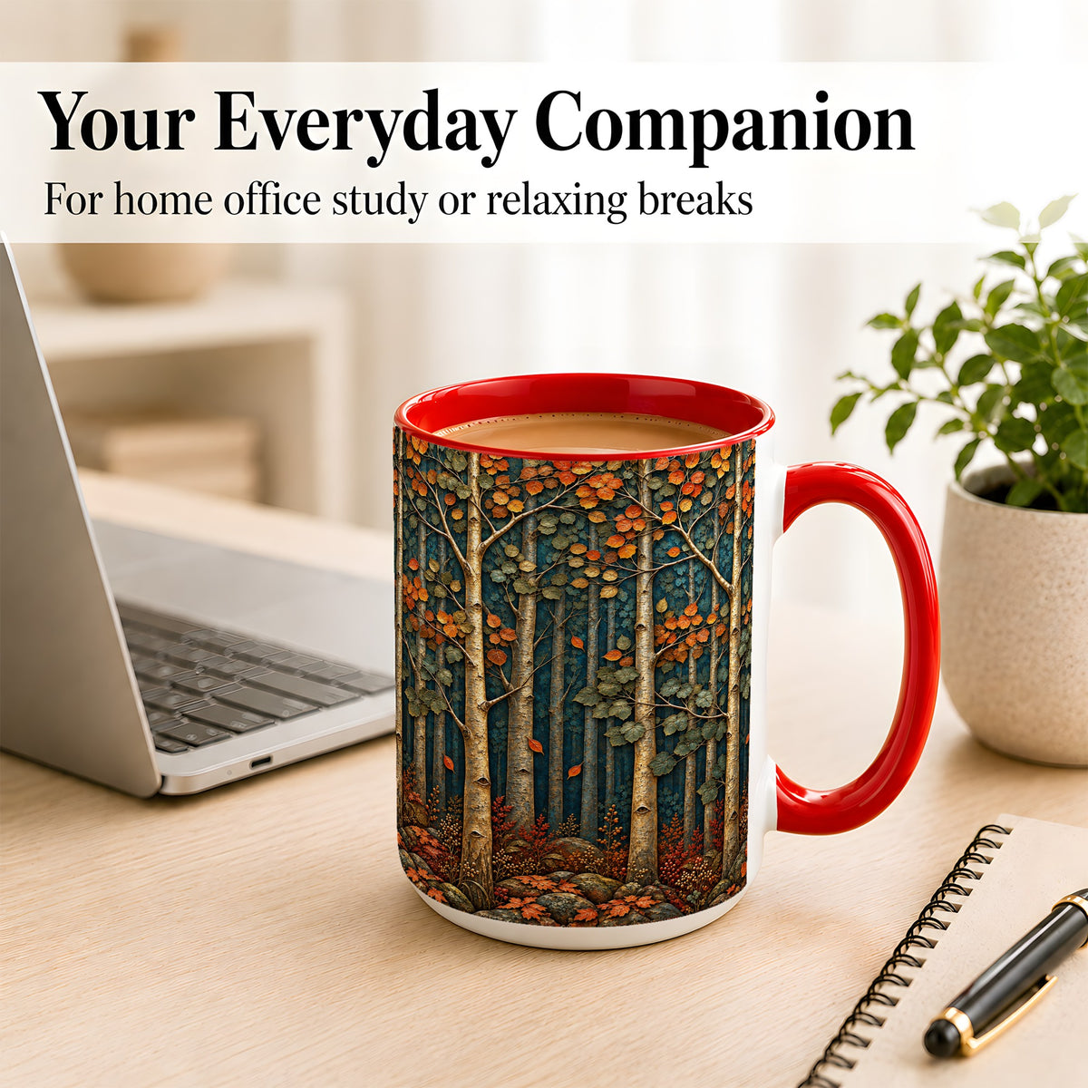 #pl[15oz|Red] Autumn Birch Forest Coffee Mug, Fall Woodland Mug, Ceramic Cup