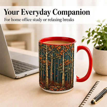 #pl[15oz|Red] Autumn Birch Forest Coffee Mug, Fall Woodland Mug, Ceramic Cup