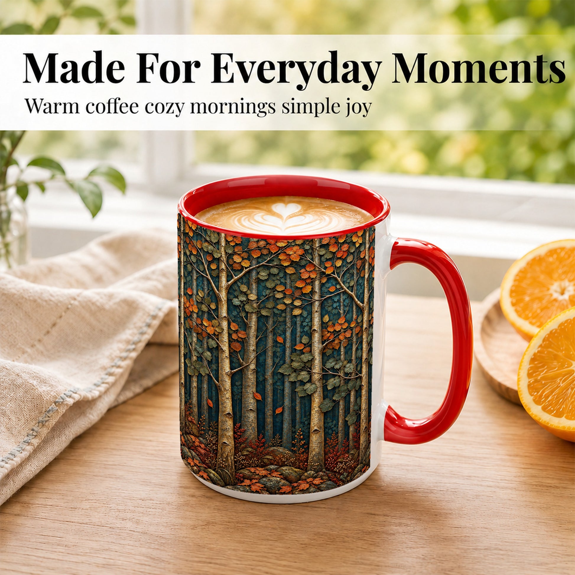 #pl[15oz|Red] Autumn Birch Forest Coffee Mug, Fall Woodland Mug, Ceramic Cup