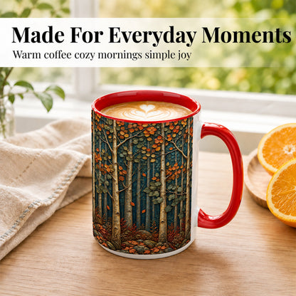 #pl[15oz|Red] Autumn Birch Forest Coffee Mug, Fall Woodland Mug, Ceramic Cup