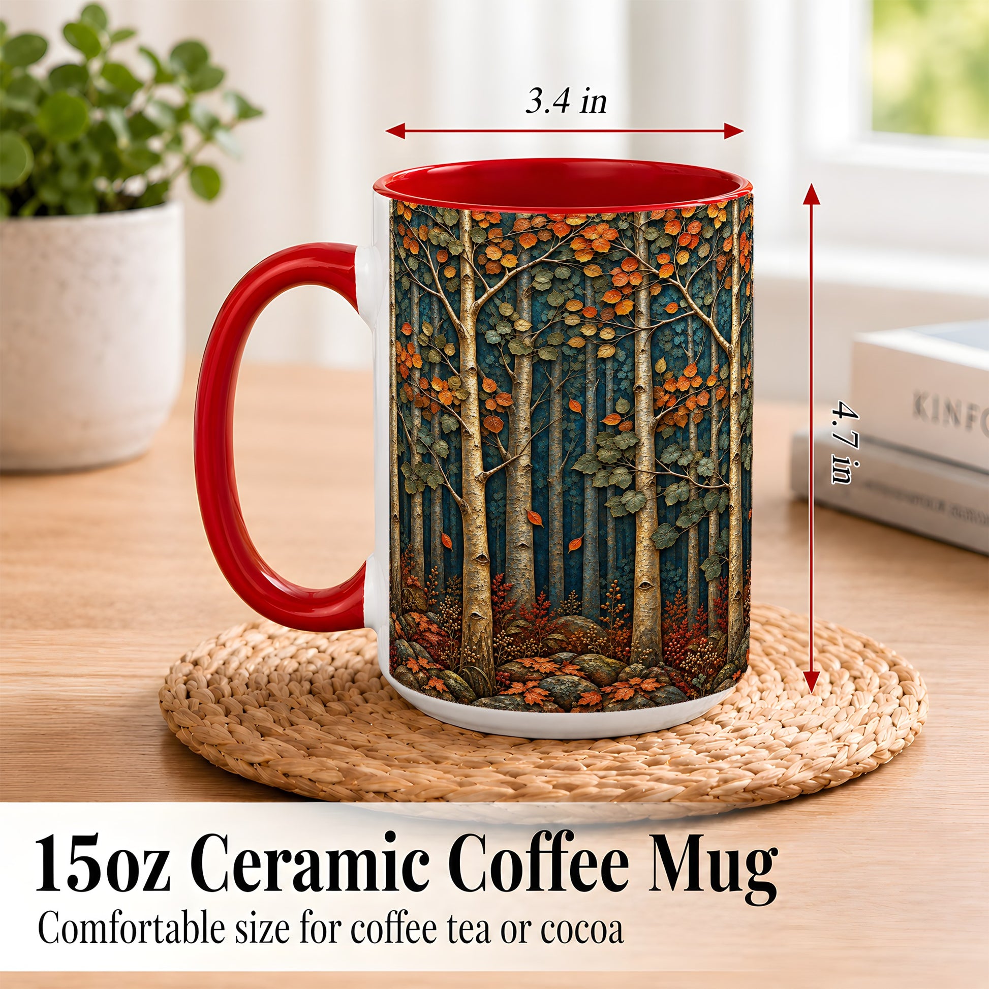 #pl[15oz|Red] Autumn Birch Forest Coffee Mug, Fall Woodland Mug, Ceramic Cup