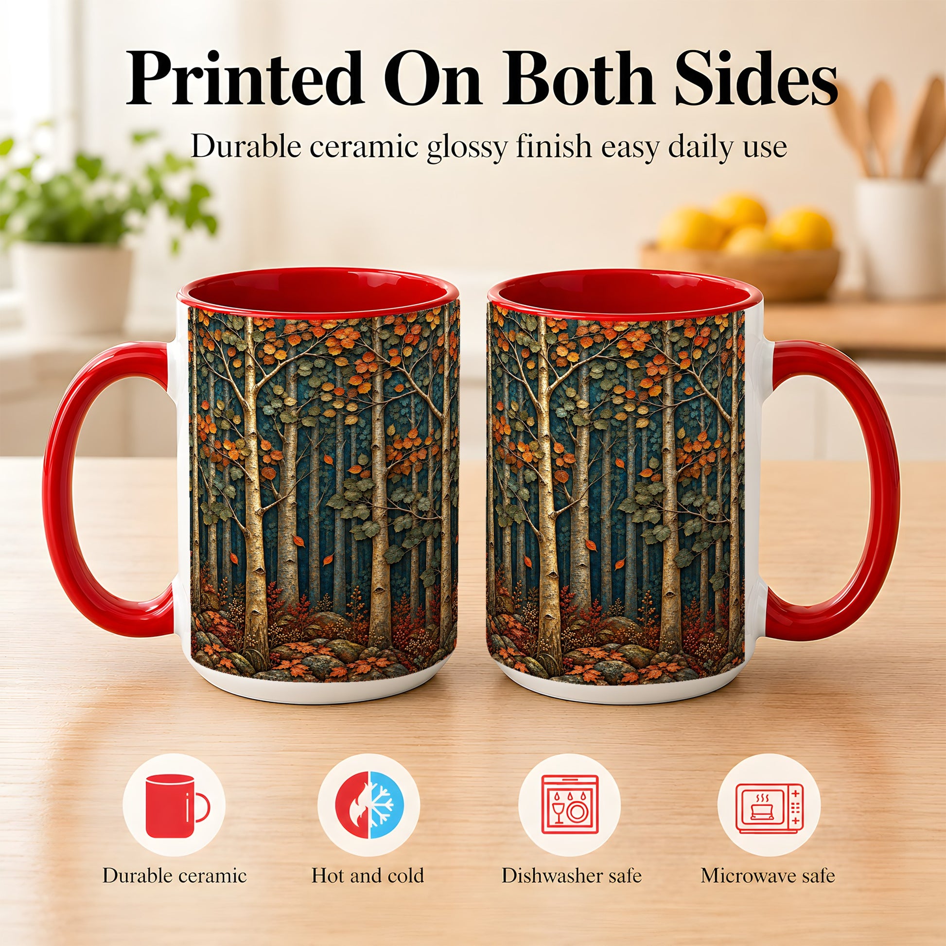 #pl[15oz|Red] Autumn Birch Forest Coffee Mug, Fall Woodland Mug, Ceramic Cup