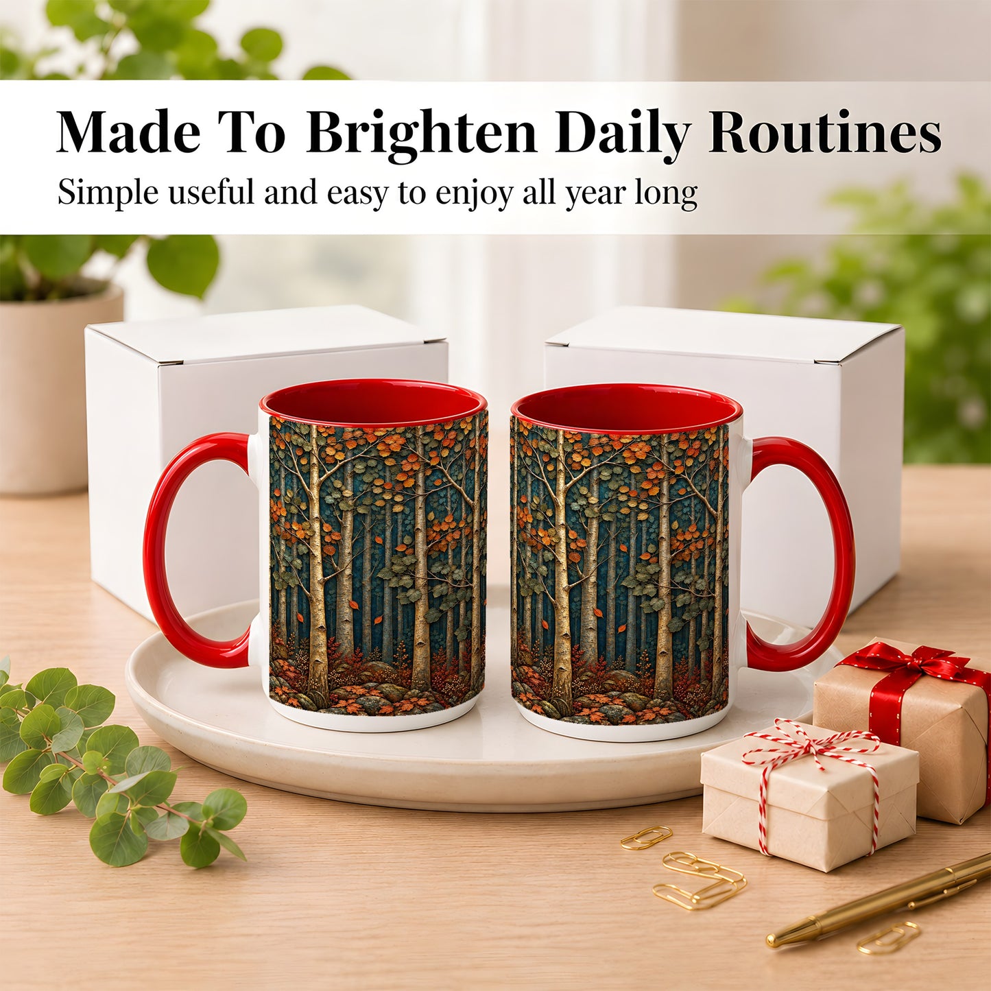 #pl[15oz|Red] Autumn Birch Forest Coffee Mug, Fall Woodland Mug, Ceramic Cup
