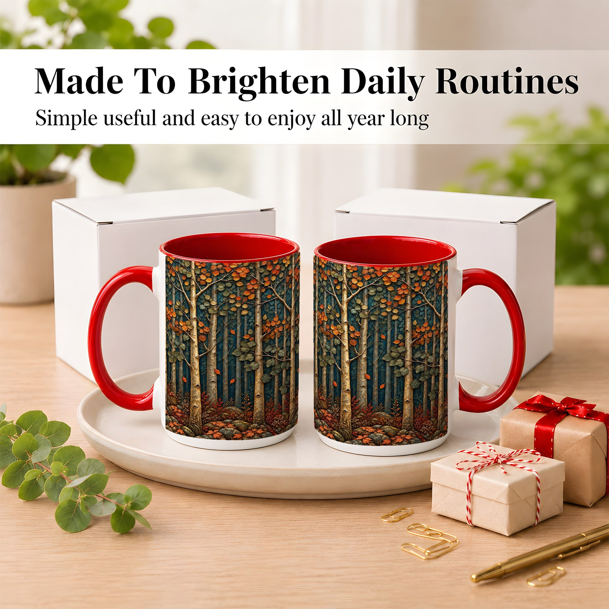 #pl[15oz|Red] Autumn Birch Forest Coffee Mug, Fall Woodland Mug, Ceramic Cup