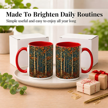 #pl[15oz|Red] Autumn Birch Forest Coffee Mug, Fall Woodland Mug, Ceramic Cup
