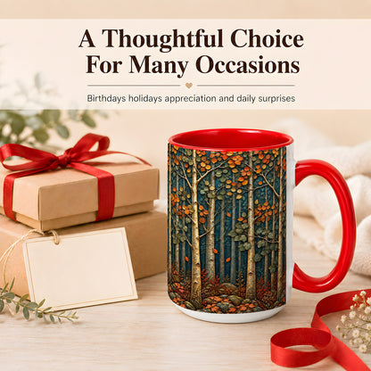 #pl[15oz|Red] Autumn Birch Forest Coffee Mug, Fall Woodland Mug, Ceramic Cup