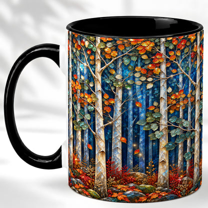 #pl[11oz|Black] Luminous Birch Forest Coffee Mug, Autumn Mosaic Mug, Ceramic Cup