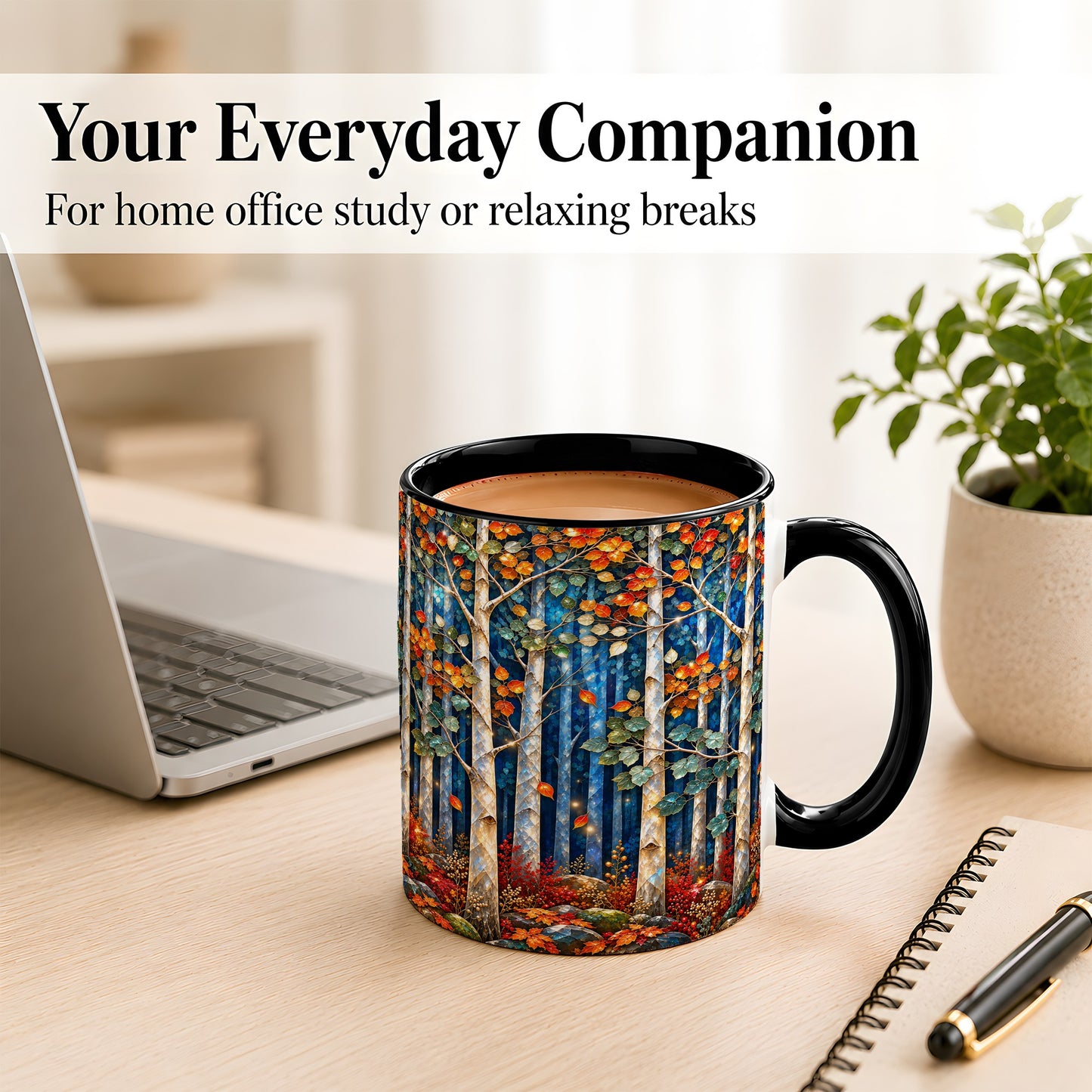 #pl[11oz|Black] Luminous Birch Forest Coffee Mug, Autumn Mosaic Mug, Ceramic Cup