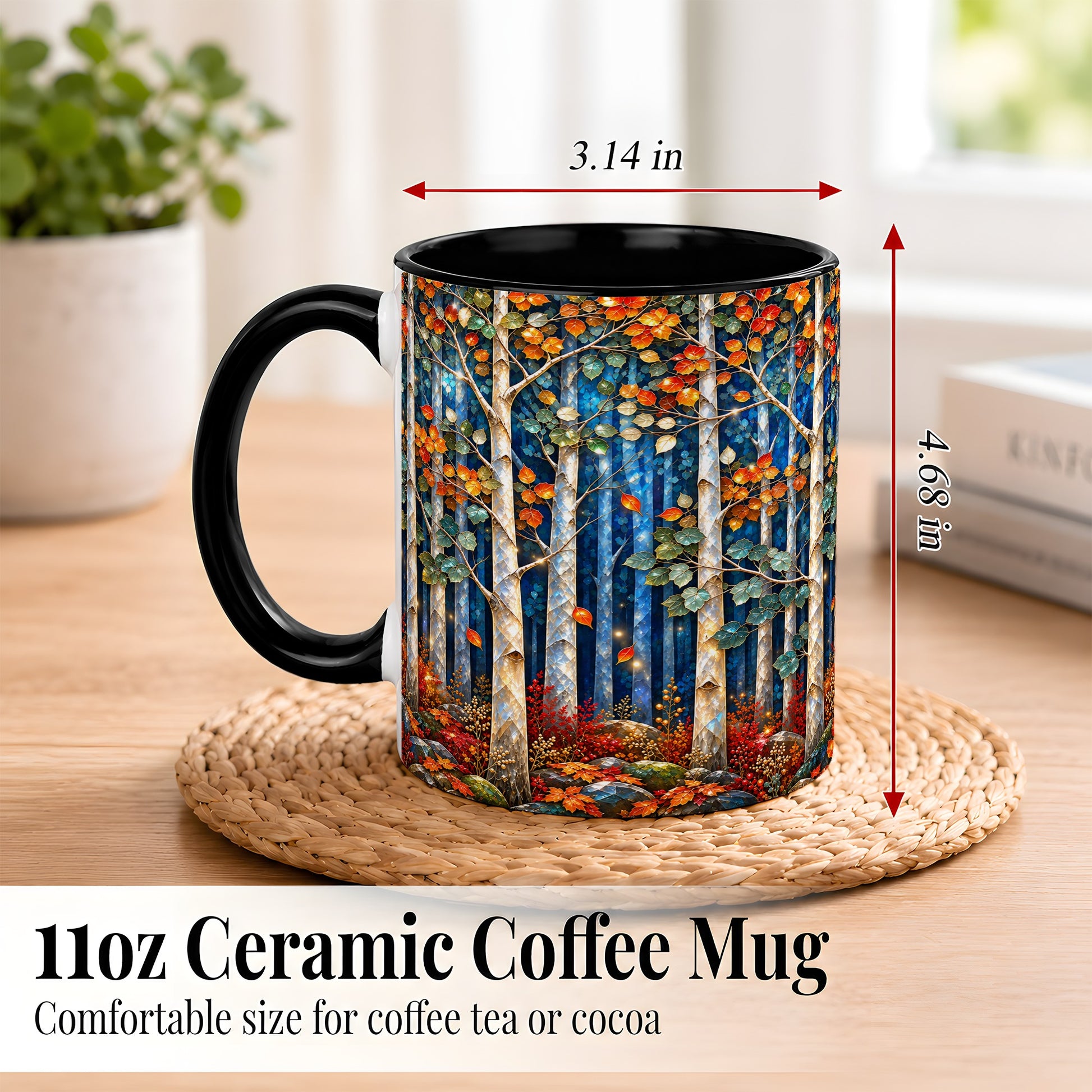 #pl[11oz|Black] Luminous Birch Forest Coffee Mug, Autumn Mosaic Mug, Ceramic Cup