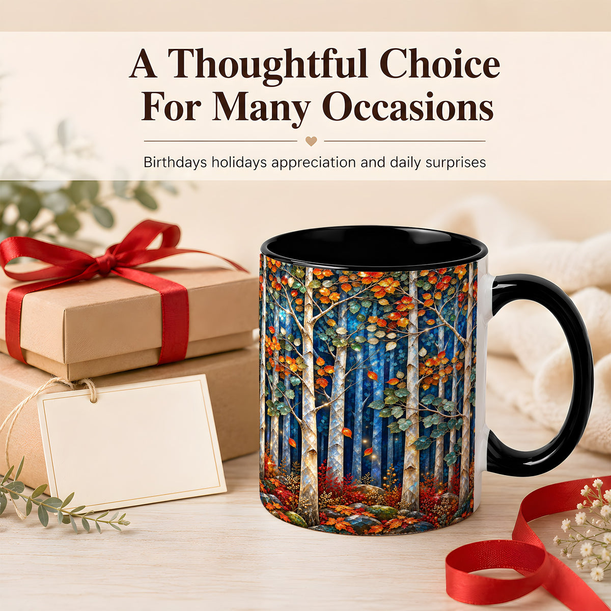 #pl[11oz|Black] Luminous Birch Forest Coffee Mug, Autumn Mosaic Mug, Ceramic Cup