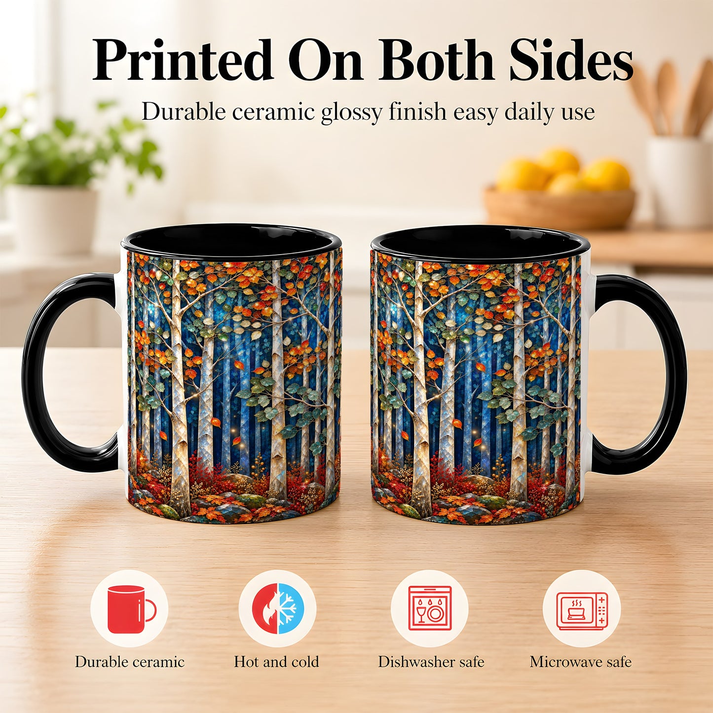 #pl[11oz|Black] Luminous Birch Forest Coffee Mug, Autumn Mosaic Mug, Ceramic Cup