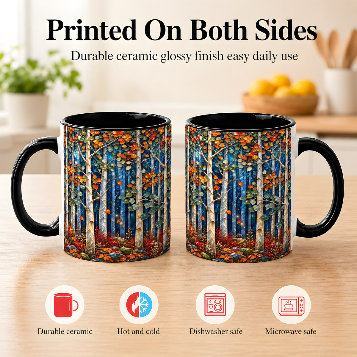 #pl[11oz|Black] Luminous Birch Forest Coffee Mug, Autumn Mosaic Mug, Ceramic Cup