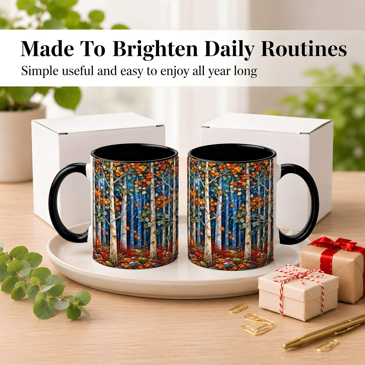 #pl[11oz|Black] Luminous Birch Forest Coffee Mug, Autumn Mosaic Mug, Ceramic Cup