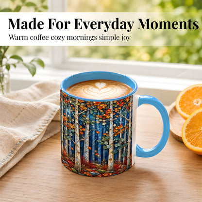 #pl[11oz|Blue] Luminous Birch Forest Coffee Mug, Autumn Mosaic Mug, Ceramic Cup