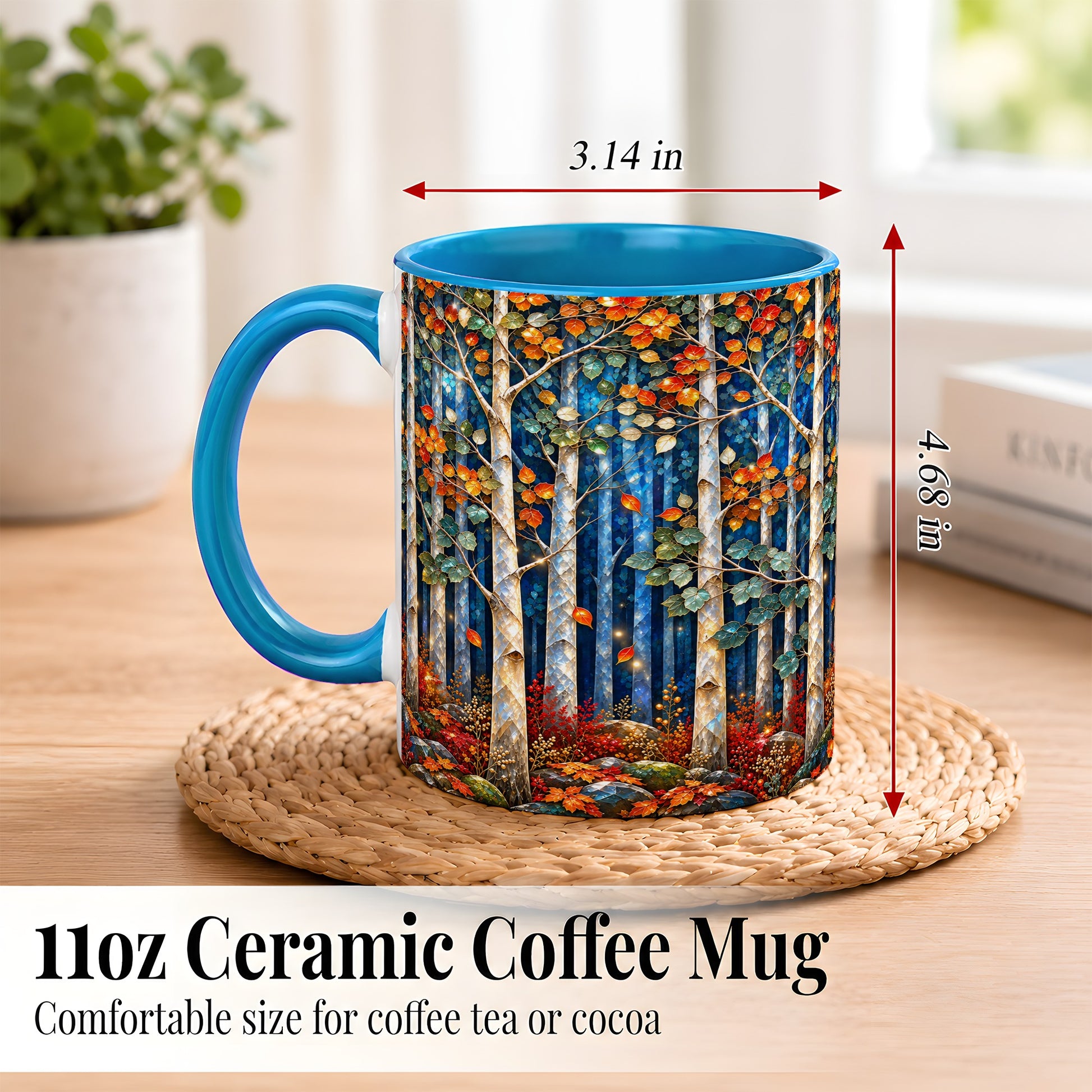 #pl[11oz|Blue] Luminous Birch Forest Coffee Mug, Autumn Mosaic Mug, Ceramic Cup