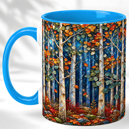 #pl[11oz|Blue] Luminous Birch Forest Coffee Mug, Autumn Mosaic Mug, Ceramic Cup